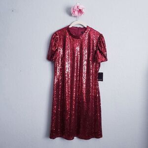 Marina Red Sequin Short Sleeve Cocktail Dress
